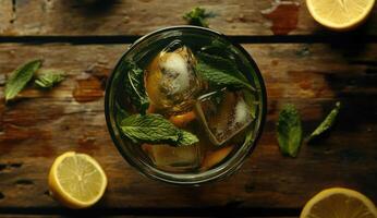 Refreshing iced tea drink garnished with mint leaves photo
