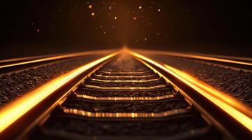 Golden railway tracks, leading into the dark photo