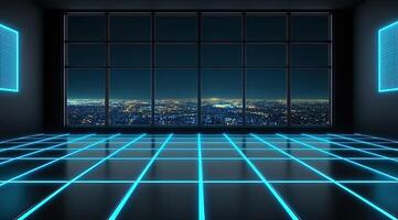 Futuristic, empty room with city view photo