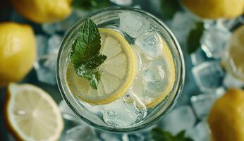Refreshing lemon drink garnished with fresh mint photo