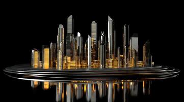 Modern city skyline, metallic, reflective, illuminated photo