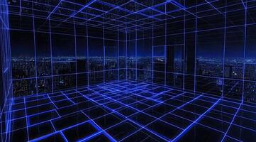 Digital cityscape interior. High-tech, futuristic space photo