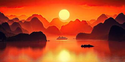 Fiery Sunset Over Mountainous Waters photo