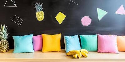 Colorful Cushions and Bananas on a Wooden Bench photo