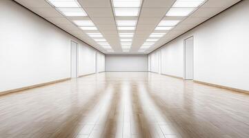 Empty, modern office hallway with polished wood floors and recessed lighting photo