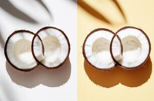 Two halved coconuts, contrasting light photo