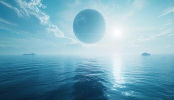Floating orb above serene ocean landscape photo