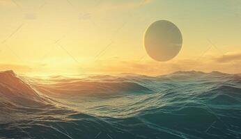 Vast ocean sunrise, alien planet photo