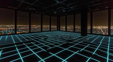 Elevated city view, glowing grid floor photo