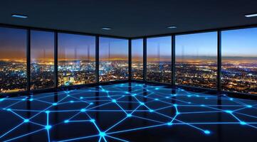 Modern office with network connections, city view photo