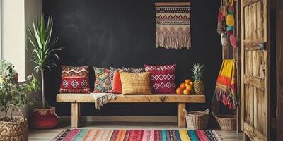 Boho-chic seating area with vibrant textiles photo
