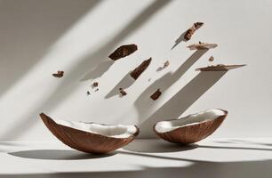 Coconut halves with shattered pieces, sunlit photo