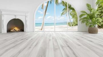 Coastal modern interior with fireplace and ocean view photo
