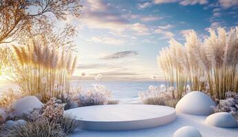 Winter sunrise scene with a circular podium photo
