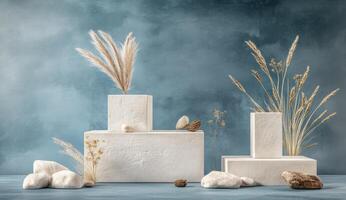 Minimalist display podiums with dried grasses and stones photo