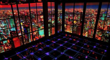 Night city panorama from high-rise, illuminated floor photo