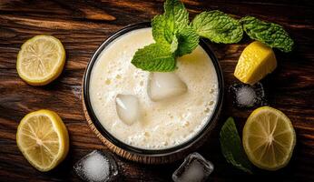 Refreshing, creamy, and lemony drink with mint garnish photo