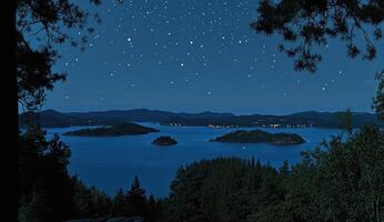 Starry night over tranquil lake photo