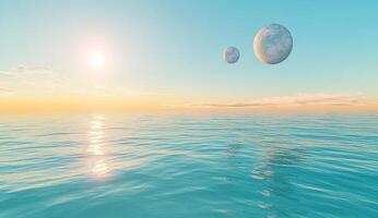 Tranquil alien seascape with celestial bodies photo
