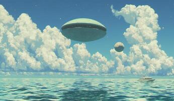 Floating saucer ships above a serene sea photo