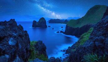 Coastal night scene with vibrant starry sky photo