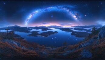 Panoramic view of a serene lake nestled amidst mountains, a celestial spectacle unfolds above. Misty morning light bathes the landscape as the milky way arcs across the night sky photo