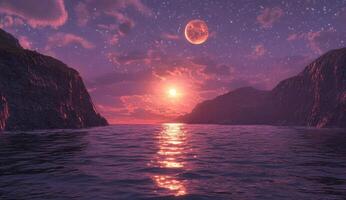 Crimson sunset over a tranquil sea photo