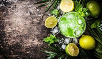 Refreshing green cocktail with tropical fruits and ice photo