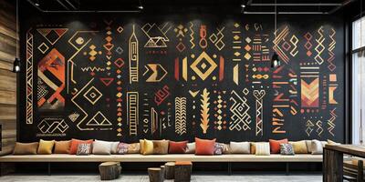 Bold Geometric Wall Decor with Cozy Seating photo