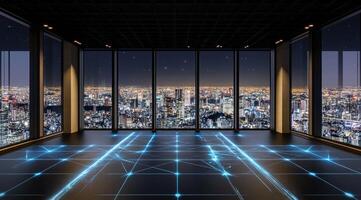 Empty modern office space with city view at night. High-tech floor design with digital pathways photo