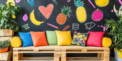 Colorful Pallet Bench with Playful Wall Decor photo
