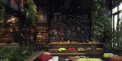 Urban cafe with a chalkboard wall and lush greenery photo