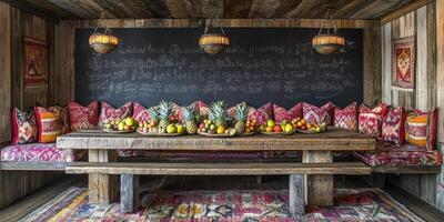 Rustic Dining Nook with Vibrant Textiles photo
