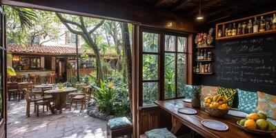 Charming outdoor and indoor dining space with a lush garden view photo