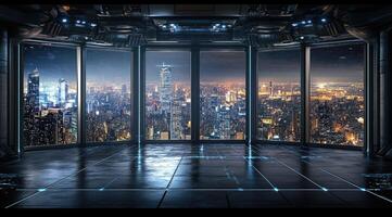Futuristic city view from a high-tech interior. Vast panoramic window displays a vibrant nighttime cityscape. Sleek, dark interior with modern technology and intricate details photo