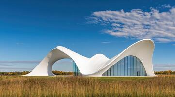 Modern architectural marvel, set in a field. Sculptural, white building, dramatic curves, against a clear sky photo