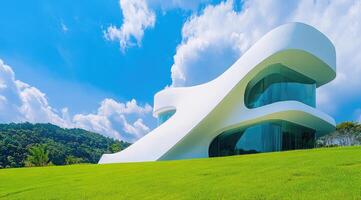 Modern, white architectural structure on a grassy hill under a vibrant blue sky photo