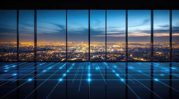 Empty modern office with city lights view. Digital network lines across the floor photo