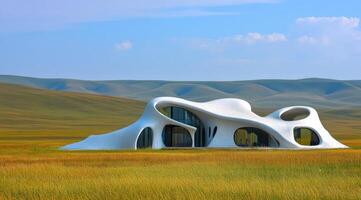 Modern, organic house in grassy plains photo