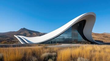 Modern architectural marvel, flowing curves and glass photo