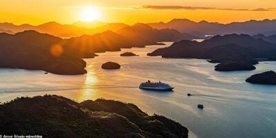 Majestic Sunset Over Islands and Cruise Ship photo