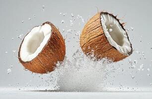 Two halves of a coconut in mid-air, exploding with water splashes photo