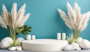 Minimalist, modern product display with pampas grass and stones photo