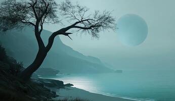 Misty, moonlit beach scene with lone tree photo
