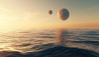Floating planets over a serene ocean at golden hour photo