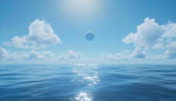 Vast ocean, bright sky, floating orb photo