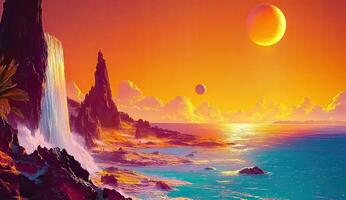 Vivid alien landscape with a cascading waterfall photo