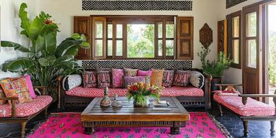 Tropical Living Room with Vibrant Textiles photo