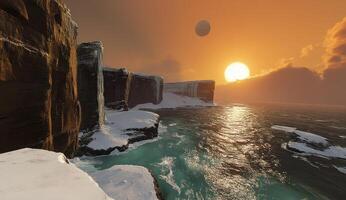 Frozen coastal cliffs at sunset photo