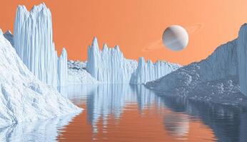 Frozen alien landscape with icy peaks reflecting a ringed planet photo